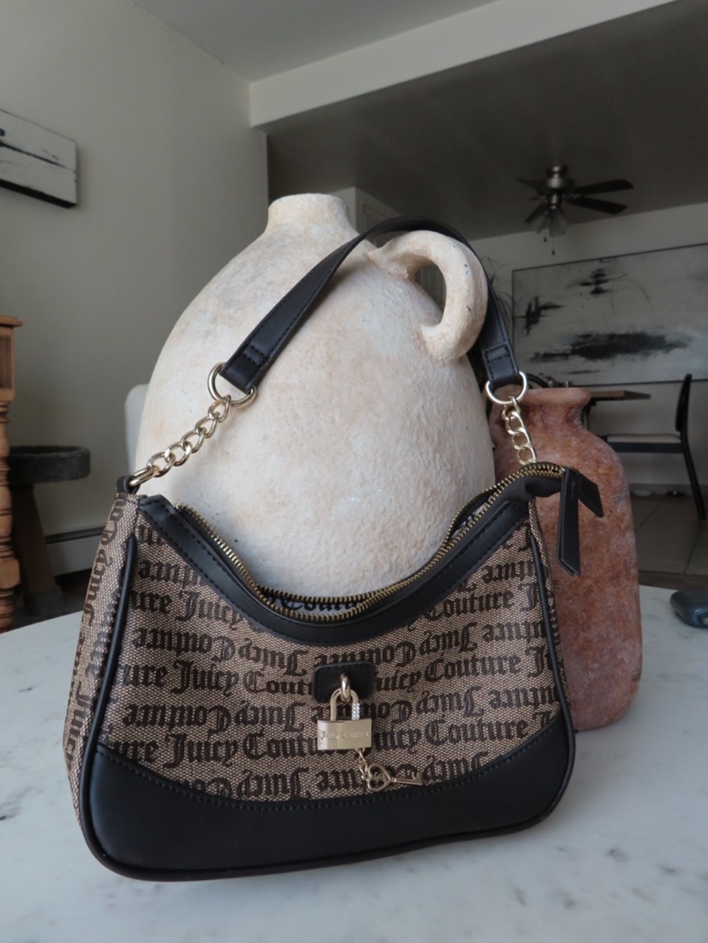 Juicy Couture Brown and Black Logo Jacquard Shoulder Bag with Gold Hardware